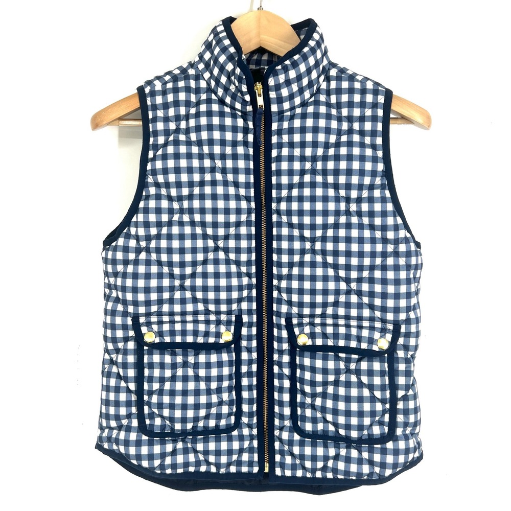J.Crew Excursion Quilted Puffer Vest Navy White Gingham Down Fill PS E9154
